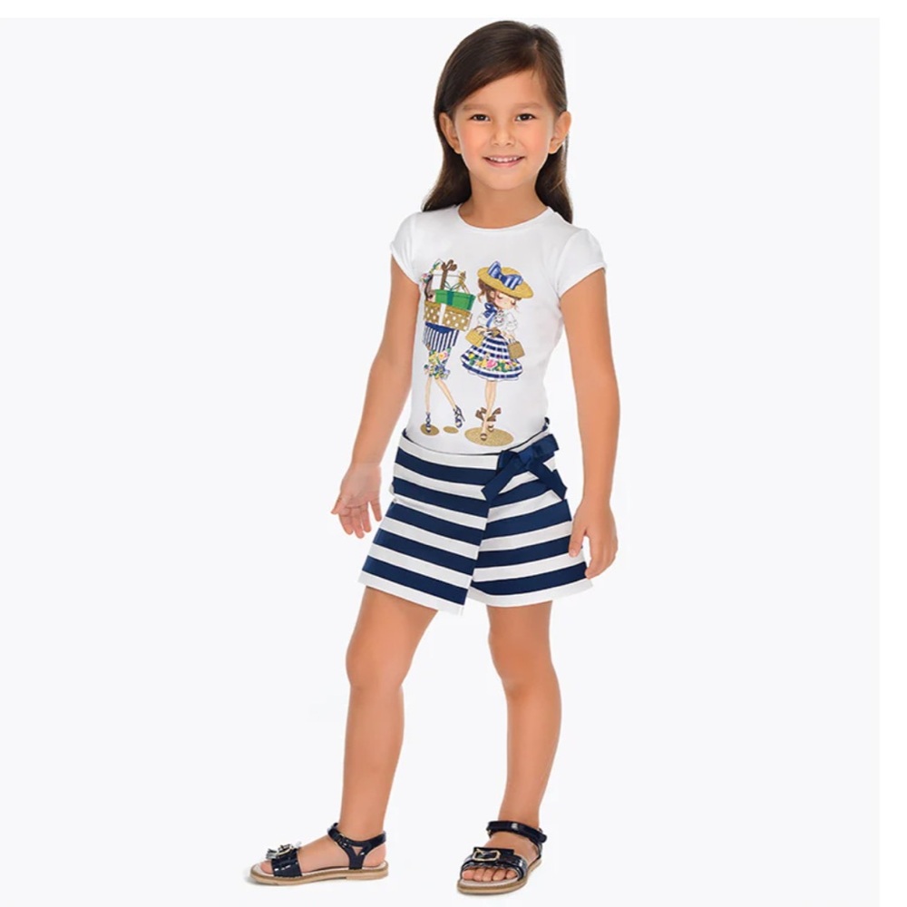 MAYORAL Little Girl Navy Blue and White Striped Shorts with Bow